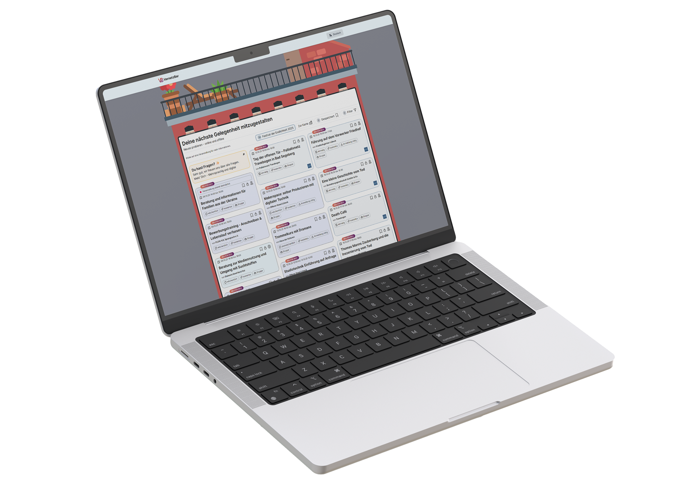 Screenshot der VernetzBar Landingpage auf einem Laptop